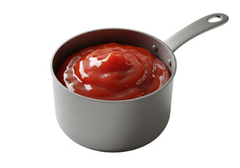 Isolated Pot of Rich Red Tomato Ketchup Shining on a Silver Surface