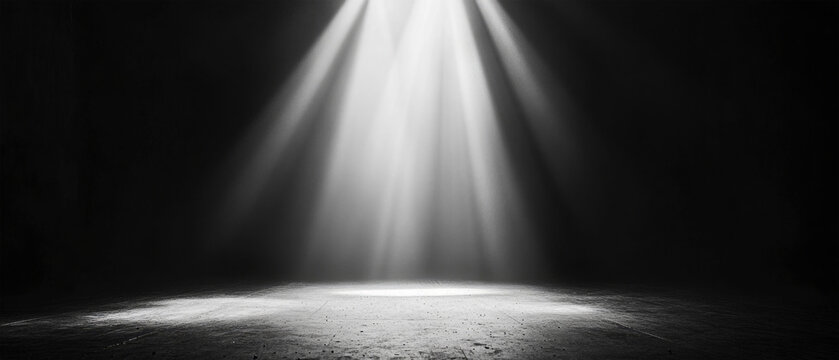 Dark empty fogy room, street, light in the middle, illuminate the bottom and smog, mystic scene or show room, spotlight stage, theater background