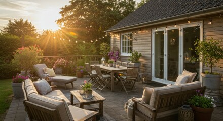 Fototapeta premium Outdoor patio dining area at sunset