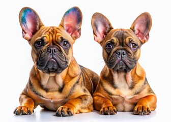 Adorable Fawn French Bulldogs: Sitting & Laying Poses - Stock Photo