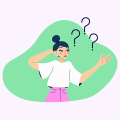 Confused person. Young girl doubts and has a question. Cartoon isolated vector illustration