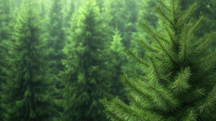 Fototapeta premium Lush Green Pine Tree Branches in Misty Forest