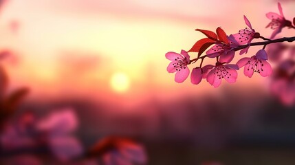 Delicate pink cherry blossoms in soft focus during a vibrant sunset with warm hues