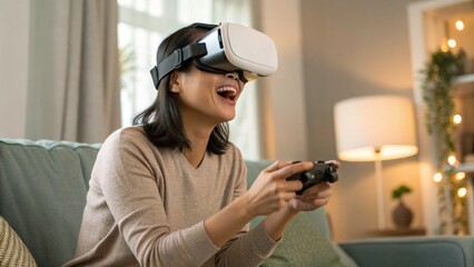 Asian Woman Playing VR Game for Entertainment on Home Sofa Holding Game Console Controller 