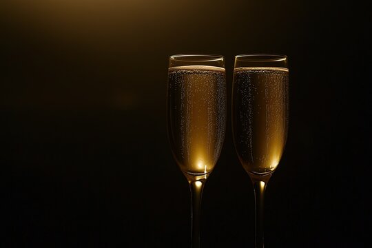 minimalistic design Two flutes glasses of Champagne, New Year's Eve toast. Dark background with golden lights. 31st of December or anniversary event celebration. Fuzzy white, the extreme 