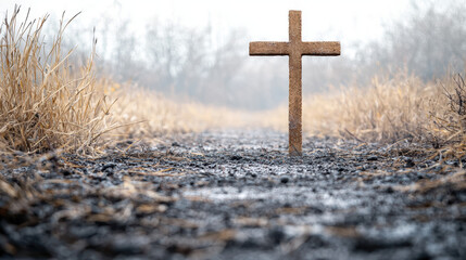 A weathered wooden cross stands alone on a desolate path amidst tall dry grass and a misty winter landscape symbolizing faith hope and resilience.