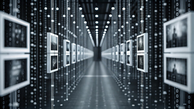 A futuristic gallery with illuminated frames and a backdrop of flowing binary code, creating a digital art experience.