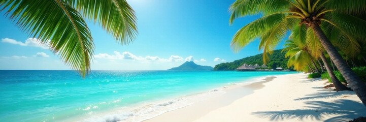 Sun-drenched beach, turquoise water, lush palms, holiday, panorama, coast