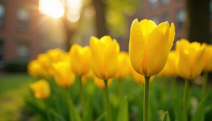 Vibrant yellow tulip blooms open in NYC community garden spring sunlight , springtime, nature