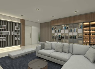 3D rendering of a luxurious and modern family room interior. The space includes sofas, decorative paneling on the walls, and display units for accessories.