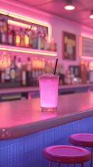 Acrylglasbilder Bar A refreshing pink cocktail sits on a bar counter in a retro-style bar bathed in vibrant pink and blue neon lighting creating a cool and inviting atmosphere.  © MasTPX