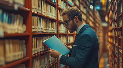 A man reading documents in a library among bookshelves filled