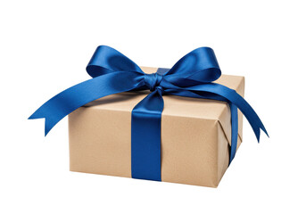 Isolated Modest Kraft Paper Gift Box with Royal Blue Satin Ribbon