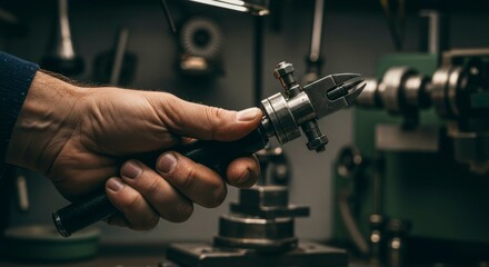 Fototapeta premium Skilled artisan holds precision tool in workshop
