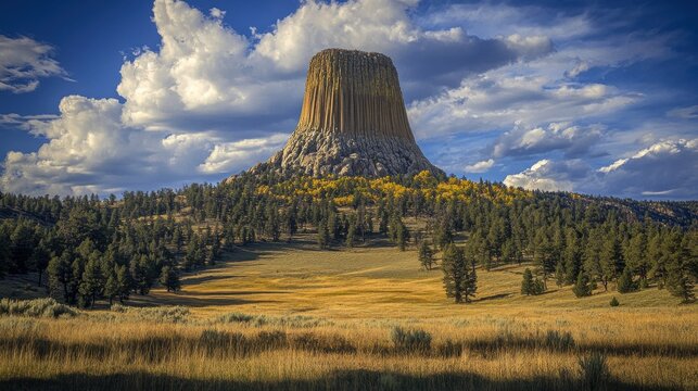 Majestic Devils Tower: A Scenic Landscape of Rocky Formations Against a Desert Sky