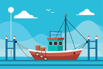 fishing-boat-docked-at-a-pier-with-nets-and-rope.eps
