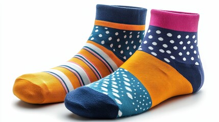 Two colorful patterned socks sitting on a white background display