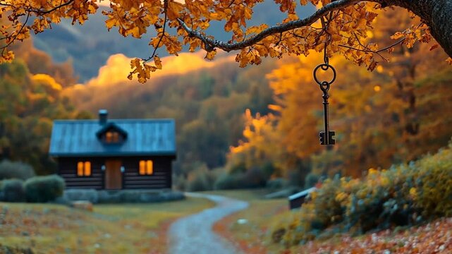 Autumn key, log cabin, scenic path, tranquil scene, nature, background