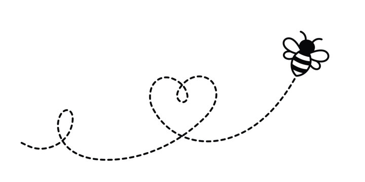 Flying bee with heart trail vector illustration. Black outline insect clipart for love, spring, kids, and Valentine's Day design.