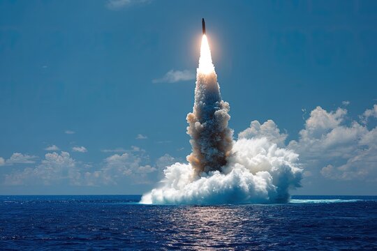 Nuclear war. Launch of a nuclear ballistic intercontinental missile from submarine. An intercontinental nuclear missile launches from the submarine, signaling potential global annihilation.