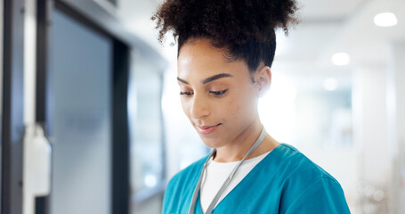 Hospital, woman and nurse thinking of healthcare idea, wellness solution and reflection for opportunity. Happy medical worker, clinic and vision for planning, problem solving and insight for decision