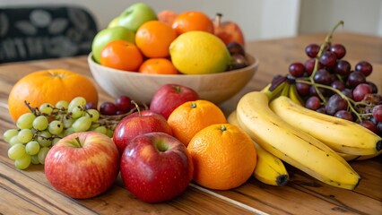 Fresh Assorted Fruits on Wooden Table in Bowls