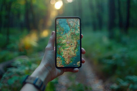 Close-up view of a hiker using smartphone's GPS app in a forest travel. The hiker consults their smartphone, ensuring a safe journey through the forest trails.