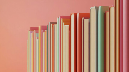 Obraz premium A vibrant collection of books displays a variety of colors and textures, arranged neatly on a shelf against a soft pastel backdrop, inviting readers to explore their contents