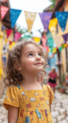 Fototapeta premium A charming toddler girl with curly brown hair looks up in awe at colorful festive bunting strung across a quaint cobblestone street.