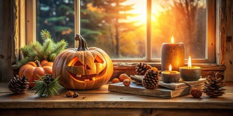 Obraz premium Autumnal Windowsill Still Life with Jack-o'-lantern and Candles