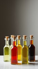 An array of colorful bottles with corks, filled with vibrant liquids, showcasing a spectrum of culinary flavors and textures.