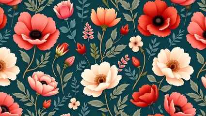 Elegant floral pattern vibrant poppies soft anemones teal background detailed botanical illustration