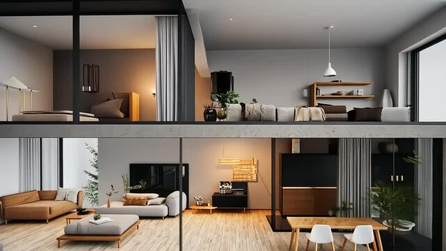 Modern split-level home interior showcasing stylish living spaces, cozy bedroom, and elegant decor