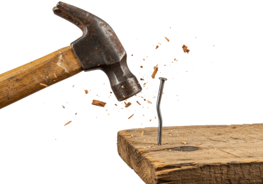 Isolated Hammer Impacting a Nail Bent in Wood
