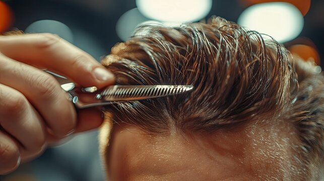 Close-up of a barber expertly trimming a man's wet hair.