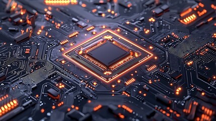 Obraz premium Intricate Close-Up of a Microchip with Illuminated Circuitry