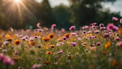 field of flowers a field of flowers with the sun shining in the background  