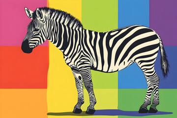 A colorful zebra, on an isolated background with a rainbow gradient. The stripes have bold black and white stripes, creating striking contrast against each color block.