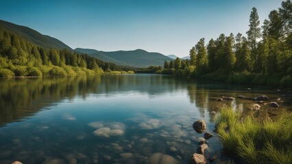 lake and mountains a lake surrounded by trees and rocks in summer