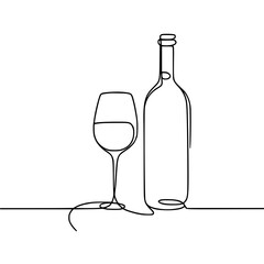 Single line art of a wine bottle and glass on a minimalistic background  