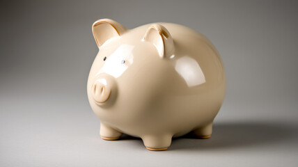 A glossy, tan-colored ceramic piggy bank stands on a gray surface, symbolizing savings, finances, and financial security.