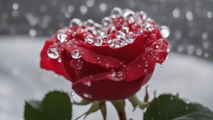 red rose in snow A red rose heart with a drop of dew on it. The heart is delicate and beautiful, and the dew is spark