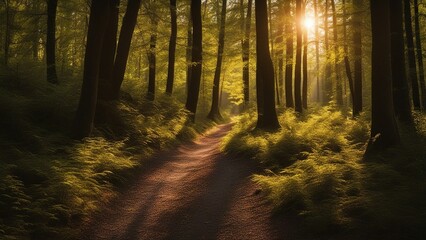 morning in the forest a path through a forest with the sun shining through the trees woods