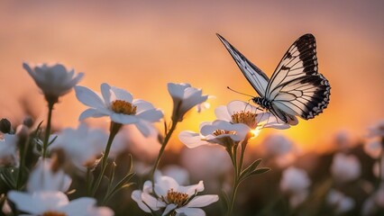 butterfly on a flower A spring or summer nature background with blooming white flowers and a flying butterfly  