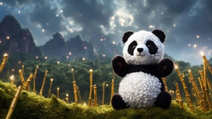 giant panda bear a stuffed panda bear sitting on a moss covered hill