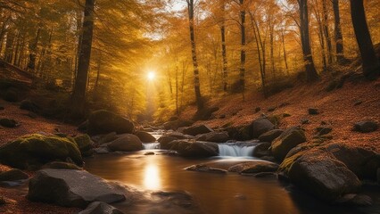 waterfall in autumn a stream in the woods with a bright sun shining through the trees