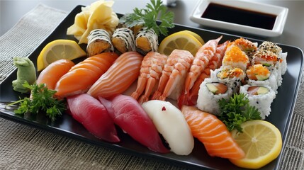 A beautifully arranged sushi platter features delicate nigiri, vibrant maki rolls, and silky sashimi, celebrating Japanese culinary craftsmanship.

