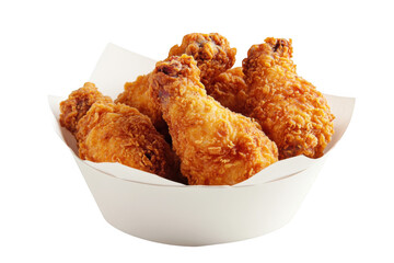 Close up view of fried chicken in a container on a dark background on transparent background
