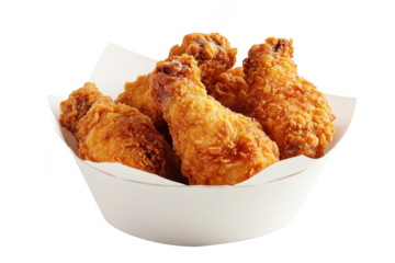 Close up view of fried chicken in a container on a dark background on transparent background