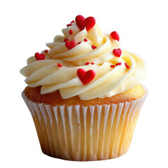 A vanilla cupcake with heart sprinkles on a dark colored setting on transparent background